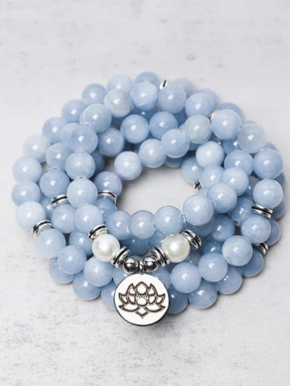 Buddhist Blue Chalcedony Lotus Mala